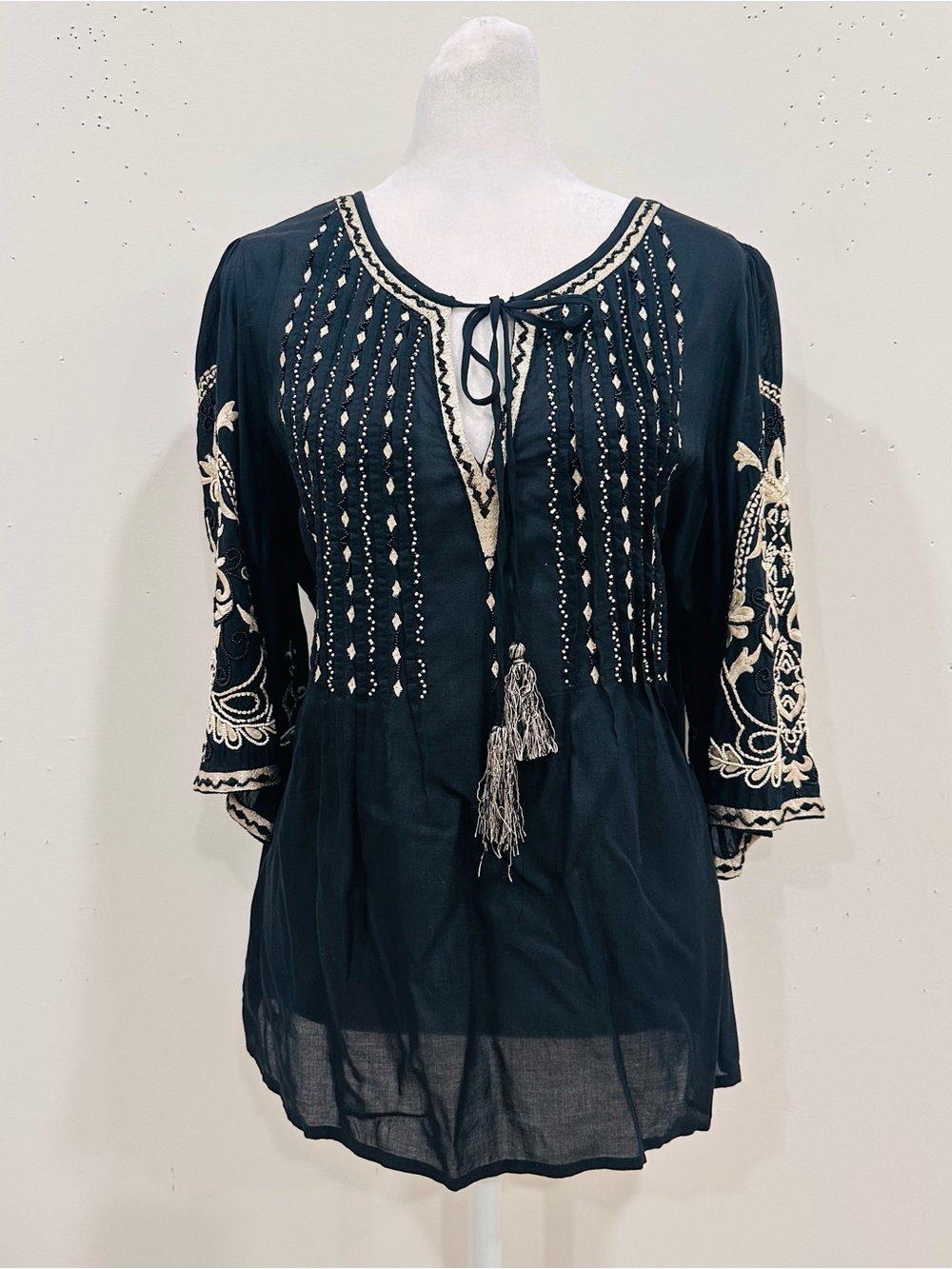 Sundance Women's XS 3/4 Sleeve Sheer Top Embroidered Beads Tassel Neck Black